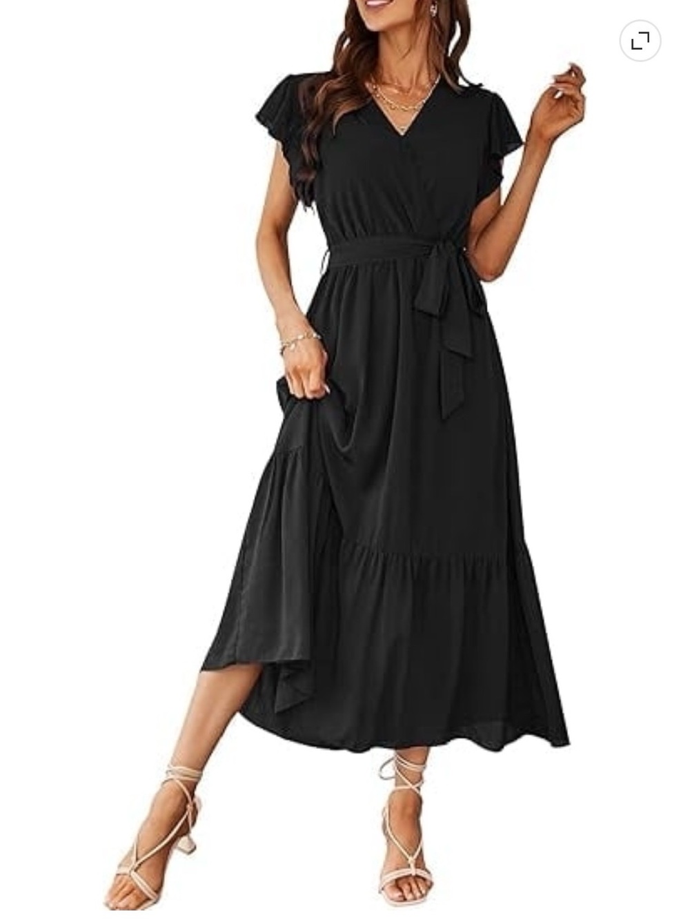 Black V-Neck Wrap Midi Dress with Tie Waist - Women's